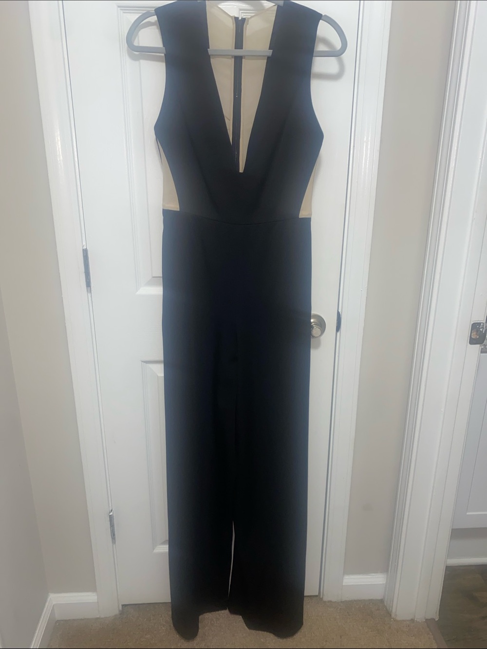 Alice + Olivia Black Jumpsuit with Cream Side & Back beige sheer Inserts | 6